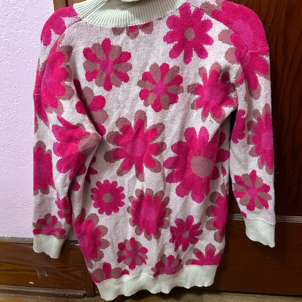 Pink Lily Pink and Cream Floral Turtleneck Sweater